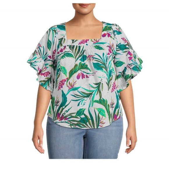 NWT Terra & Sky Women's Plus Square Neck Peasant Top Size 0X (14W) - Picture 1 of 8